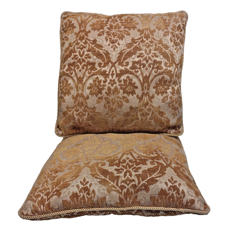 Set of 2 VTG Damask Throw Pillows Brown Gold Corded Trim 15x15 Jacquard Damask